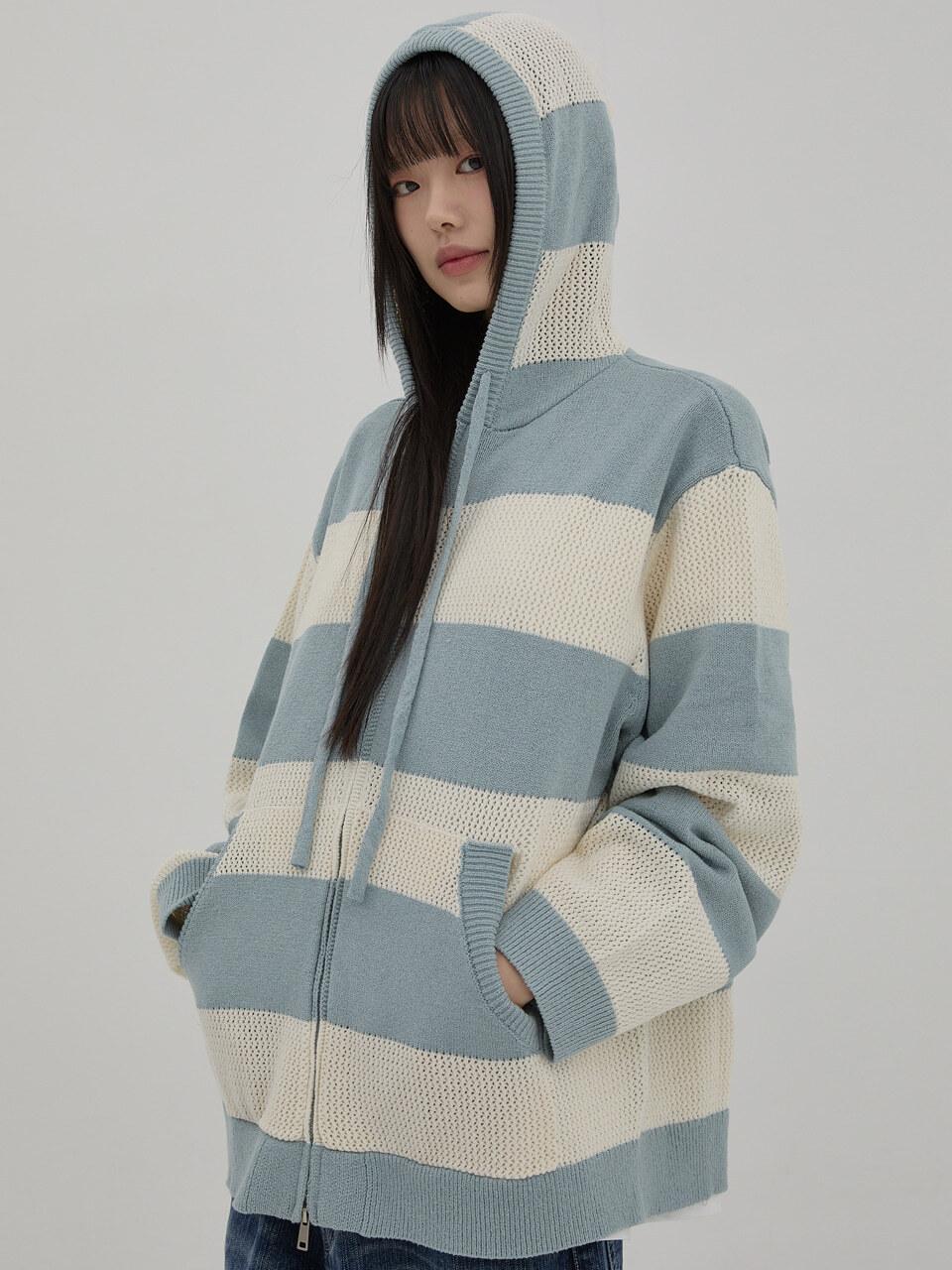WAIKEI Striped Scassi Hooded Knit Zip-up Cardigan [Ivory]