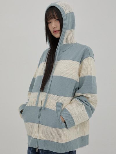 WAIKEI Striped Scassi Hooded Knit Zip-up Cardigan [Ivory]