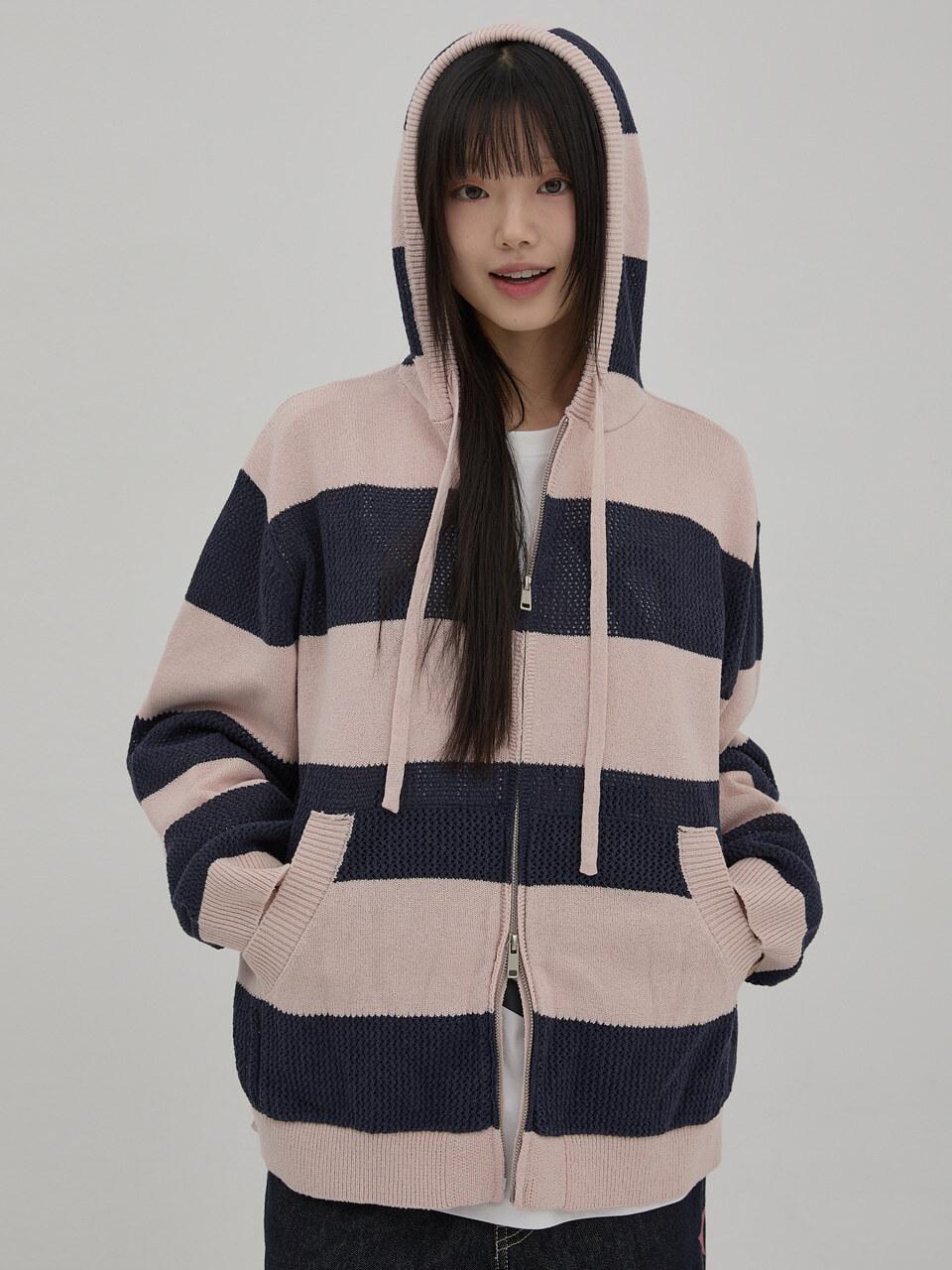 WAIKEI Striped Scassi Hooded Knit Zip-up Cardigan [Navy]