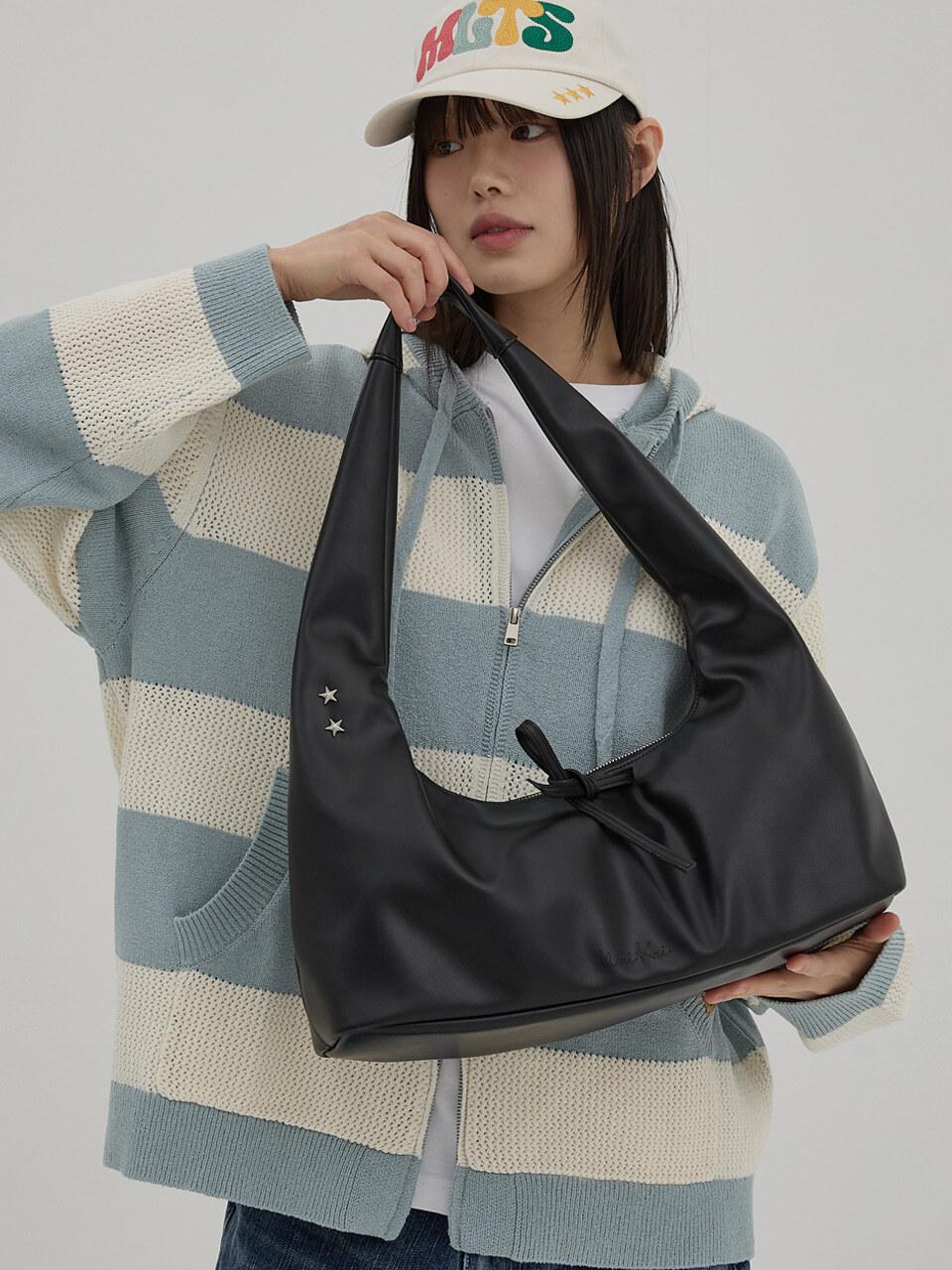 WAIKEI Vegan Leather Ribbon Hobo Bag [Black]