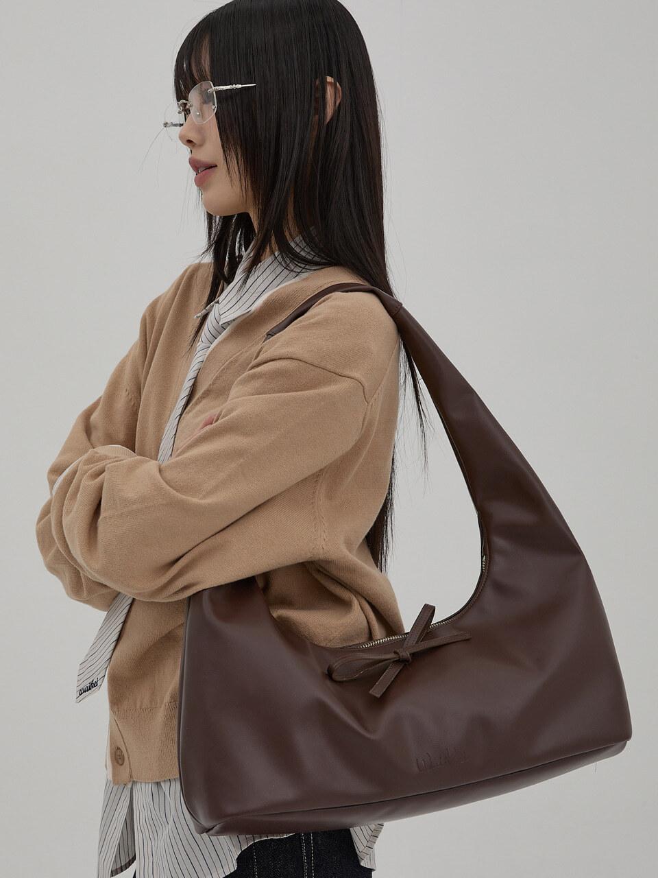 WAIKEI Vegan Leather Ribbon Hobo Bag [Brown]