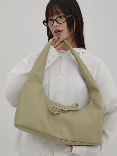WAIKEI Vegan Leather Ribbon Hobo Bag [GREEN]