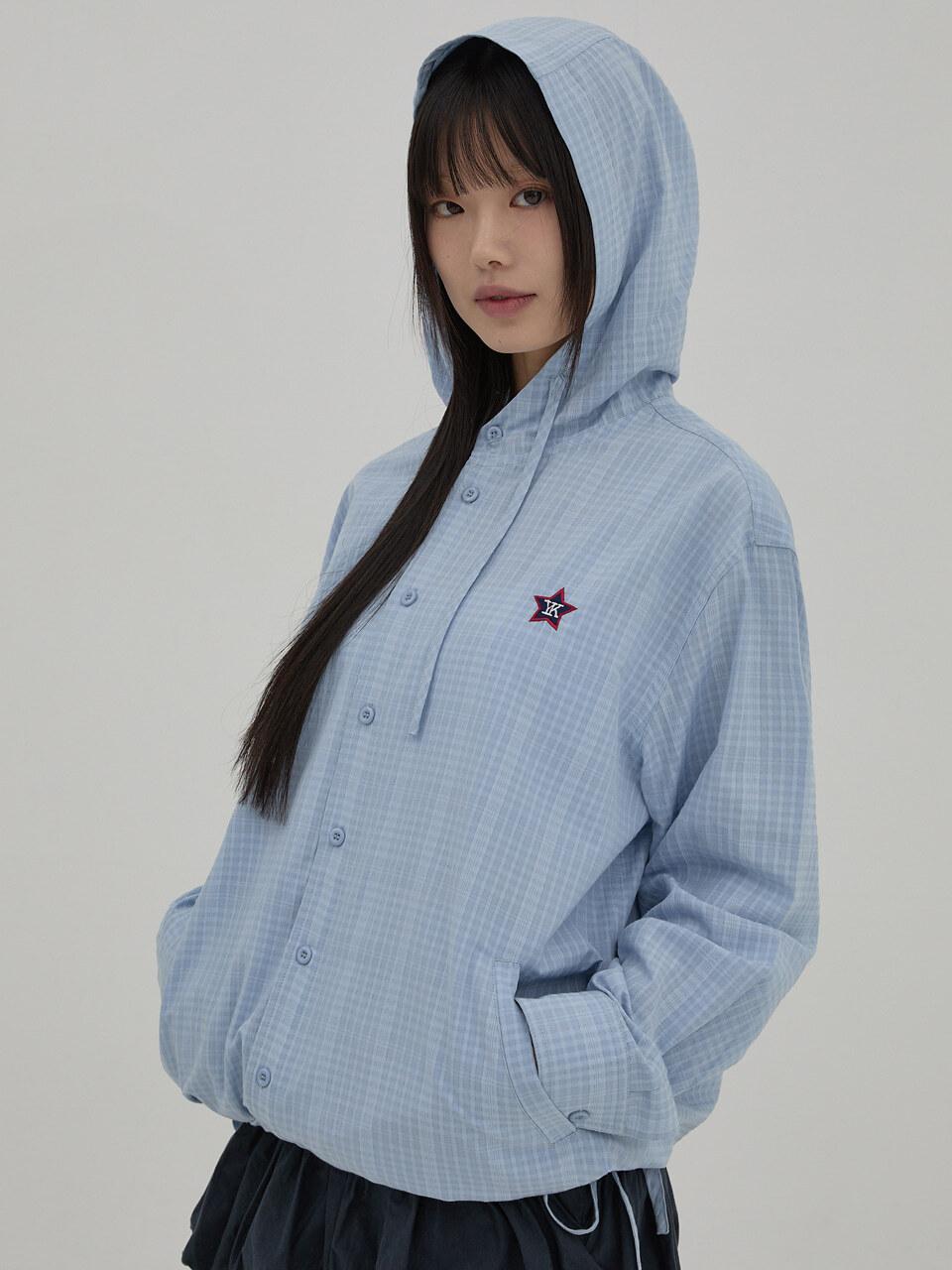 WAIKEI YK Check Hooded Shirt [Sky Blue]