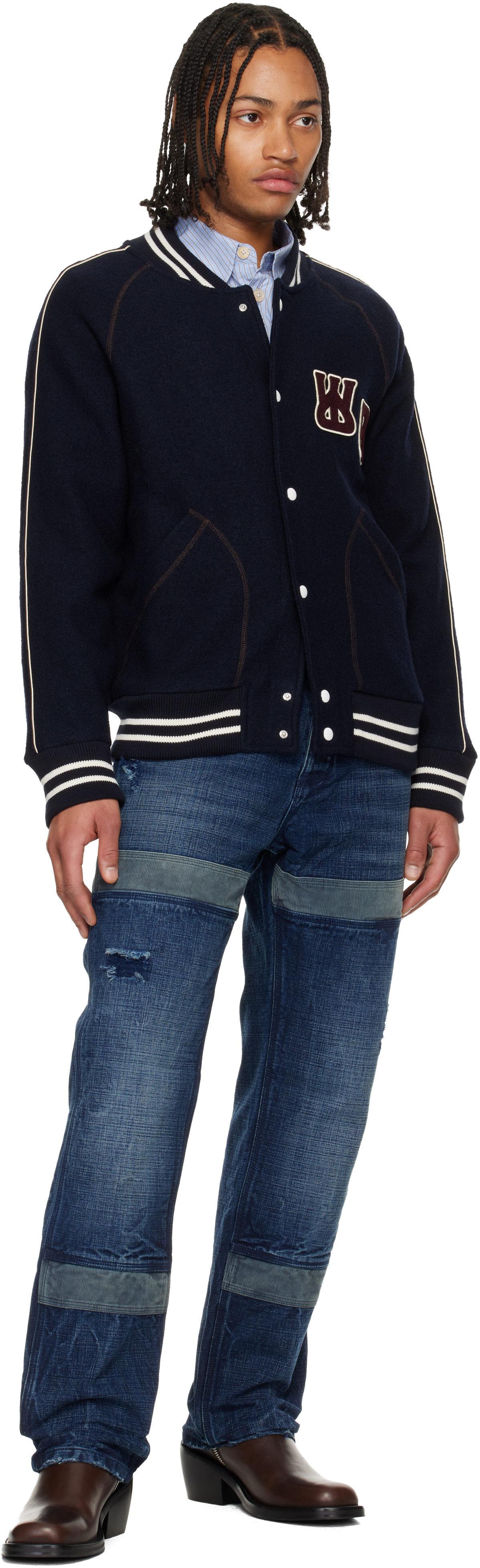 [わい]WALES BONNER Varsity Jacket Wales Bonner - Logo-Appliquéd Leather and Brushed Wool-Blend