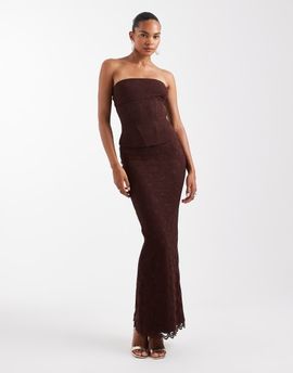 Wanderdoll Wander Doll Lacie lace high waisted fishtail hem maxi skirt in espresso - part of a set-Brown