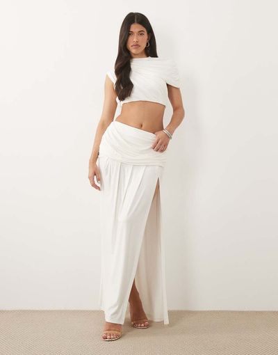Wanderdoll Wanderdoll Athena sculpting second skin draped detailing maxi skirt with slit in white - part of a set