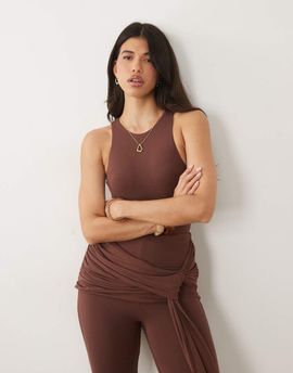 Wanderdoll Wanderdoll Bella sculpting second skin racer neck bodysuit in chocolate - part of a set-Brown