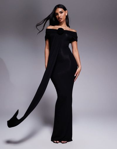 Wanderdoll Wanderdoll Belle sculpting second skin bardot drape detail bodycon maxi dress in black
