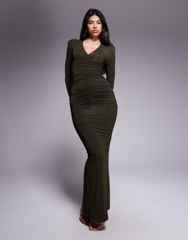 Wanderdoll Wanderdoll Drew sculpting second skin shoulder pad detail plunge neck ruched maxi dress in khaki-Green