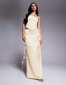 Wanderdoll Wanderdoll Esmerelda premium satin drape flower detail maxi skirt in lemon - part of a set-Yellow