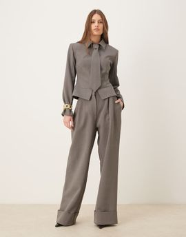 Wanderdoll Wanderdoll exclusive Gabriella tailored wide leg pants with cuffs in gray - part of a set