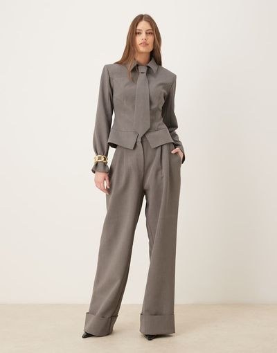 Wanderdoll Wanderdoll exclusive Gabriella tailored wide leg pants with cuffs in gray - part of a set