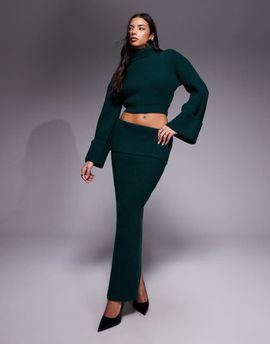 Wanderdoll Wanderdoll Exclusive Mabel deep fold-over waistband maxi skirt in forest green - part of a set-Black