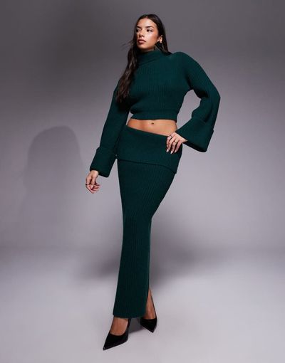 Wanderdoll Wanderdoll Exclusive Mabel deep fold-over waistband maxi skirt in forest green - part of a set-Black