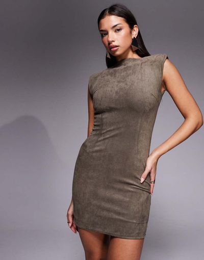 neutral bodycon dress Wanderdoll - faux suede padded shoulder fitted mini in taupe The neckline sits perfectly