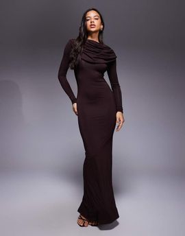 Wanderdoll Wanderdoll Grace double layered cape drape detailing long sleeve maxi dress in espresso-Brown