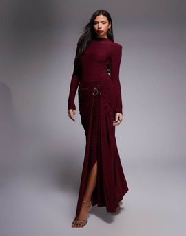 Wanderdoll Wanderdoll triple layered mesh metal hardware gathered waist detail maxi skirt in burgundy - part of a set-Purple