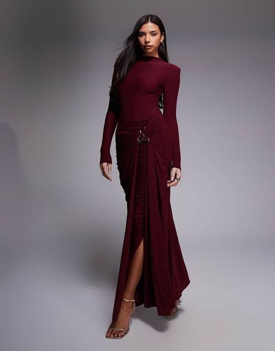 Wanderdoll Wanderdoll triple layered mesh metal hardware gathered waist detail maxi skirt in burgundy - part of a set-Purple