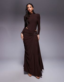 Wanderdoll Wanderdoll triple layered mesh metal hardware gathered waist detail maxi skirt in espresso - part of a set-Black