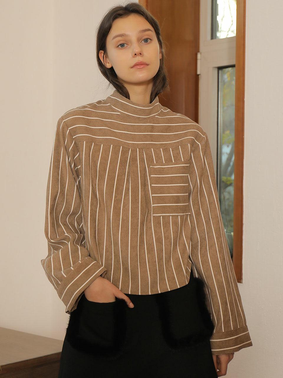WARDROBE Back Slit Stripe Blouse Beige