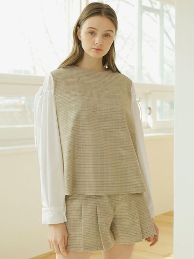 WARDROBE Check Combi Ribbon Sleeve Blouse White