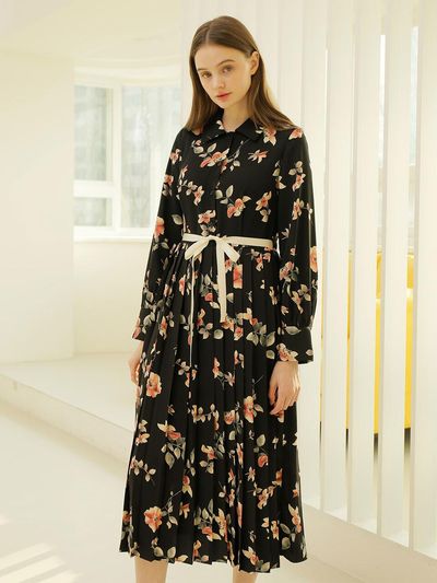 WARDROBE Floral Pleats Dress Black