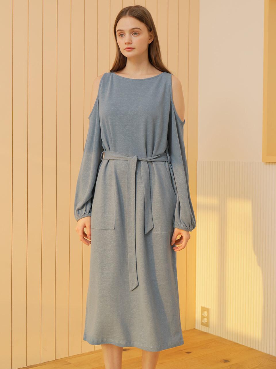 WARDROBE Linen Jersey Open Shoulder Dress Blue