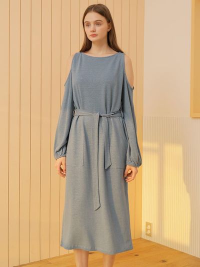 WARDROBE Linen Jersey Open Shoulder Dress Blue