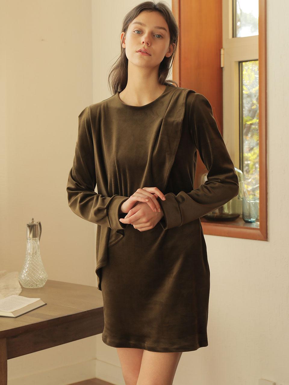 WARDROBE Velvet Unbalance Mini Dress Khaki