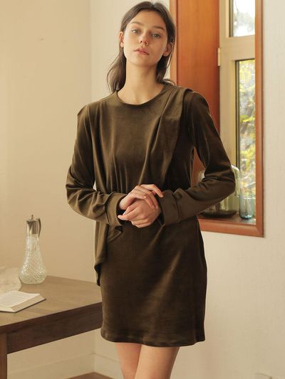 WARDROBE Velvet Unbalance Mini Dress Khaki