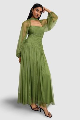 Warehouse - Plunge Neck Waisted Long Sleeve Dress