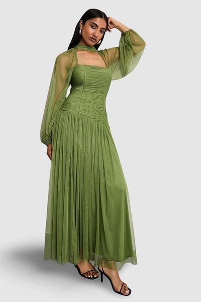 Warehouse Warehouse Bow Detail Gathered Tulle Maxi Dress