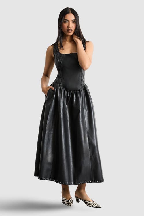 Warehouse Warehouse Faux Leather Whipstitch Trim Midi Dress