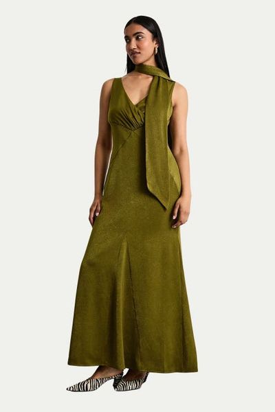Warehouse Warehouse Plain Scarf Detail Tie Neck Maxi Dress