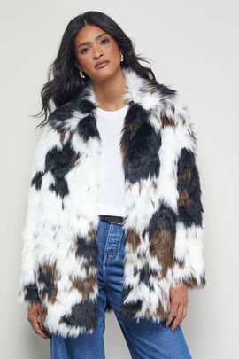 Warehouse Warehouse Premium Funnel Neck Mono Faux Fur Coat 