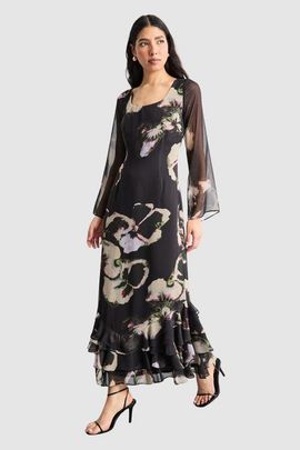 Warehouse Warehouse Printed Scoop Neck Ruffle Hem Midi Dress
