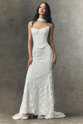 watters rickey strapless basque-waist a-line midi dress with scarf Watters Rickey Strapless Basque-Waist A-Line Midi Dress With Scarf - Ivory