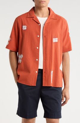 Wax London Wax London Didicot Scribble Appliqué Cotton Seersucker Camp Shirt