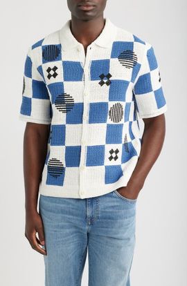 Wax London Wax London Porto Check Embroidered Cotton Crochet Polo