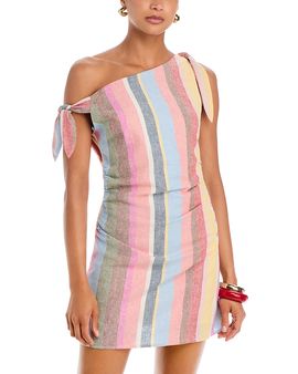 linen halter dress mini Crescent Lena Linen Contrast Stitch Halter Mini Dress CD9770