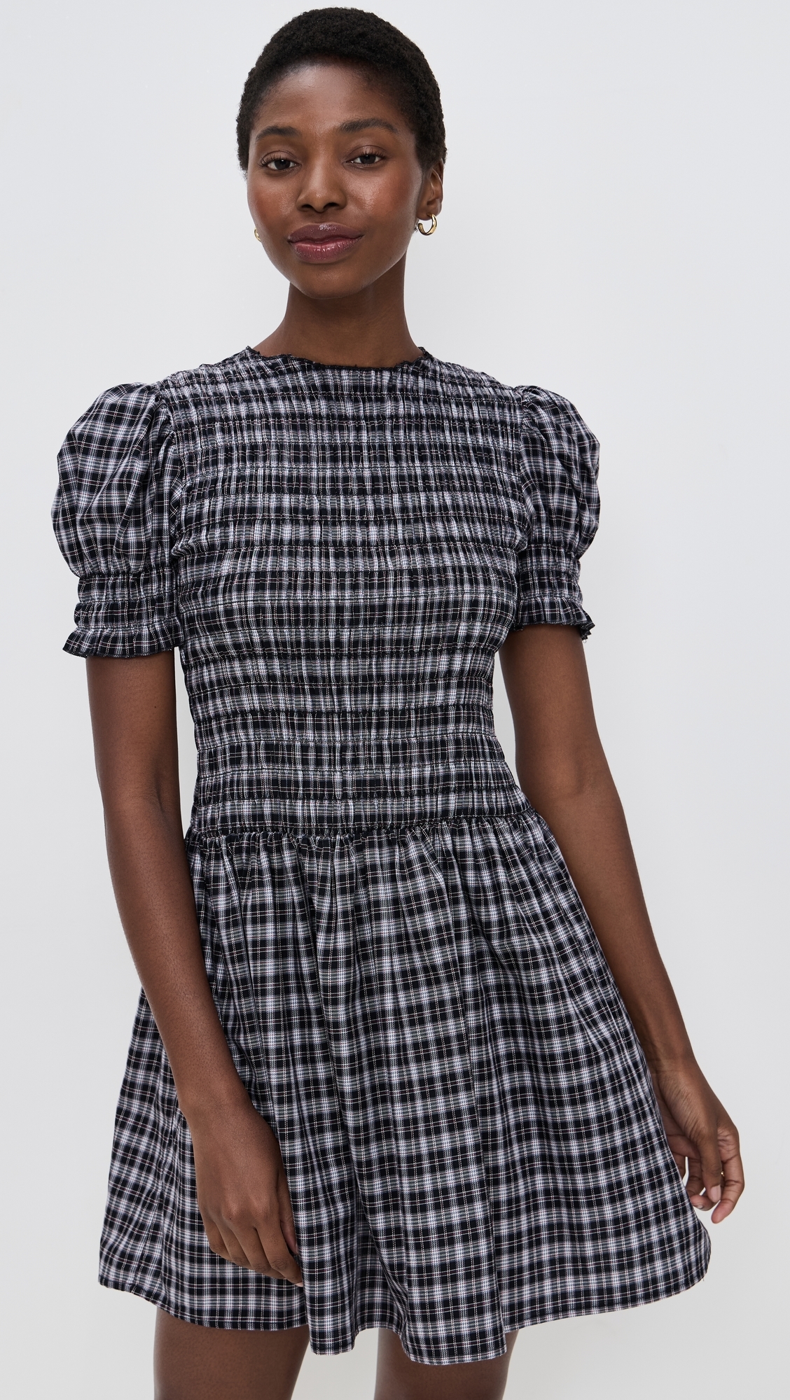 WAYF Eloise Smocked Short Sleeve Dress Black Plaid