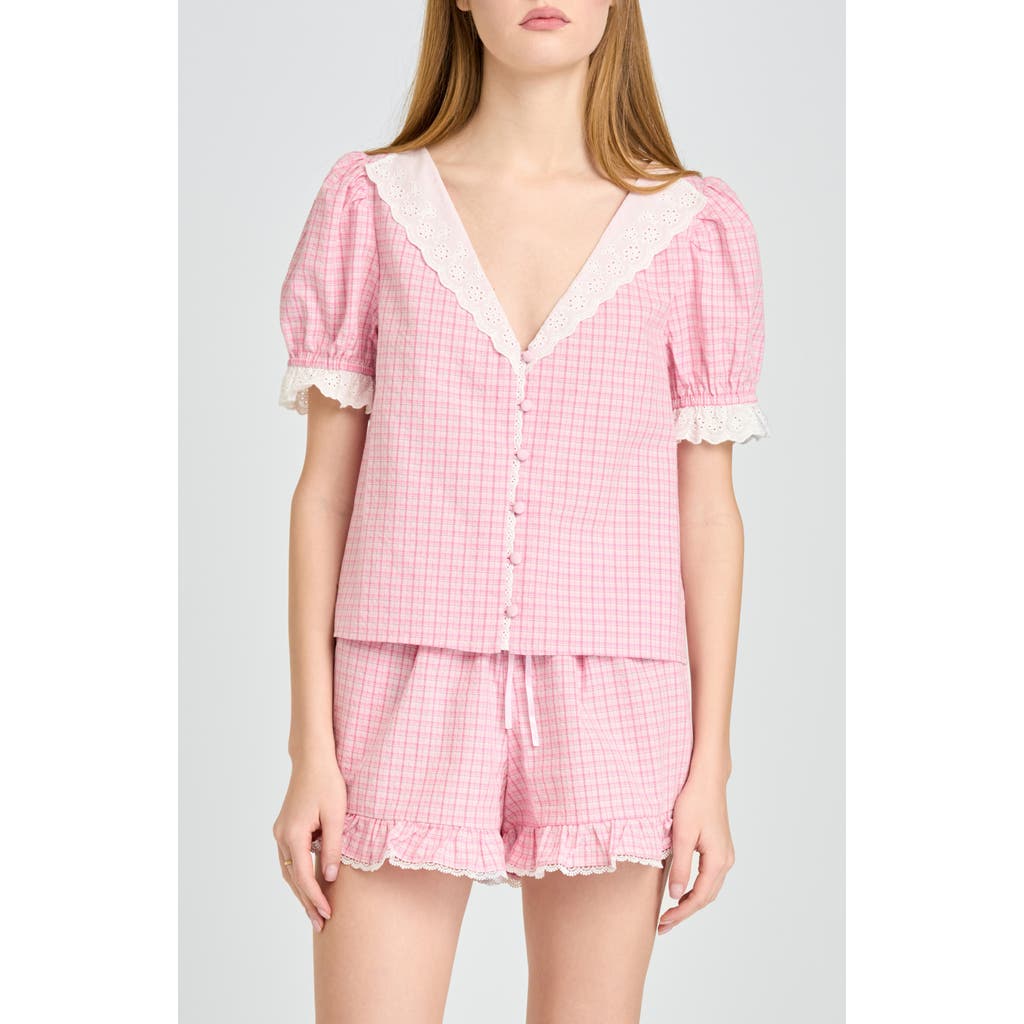 WAYF WAYF Emma Eyelet Trim Plaid Button-Up Top
