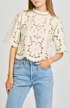 WAYF WAYF Mary Floral Embroidered Mock Neck Top