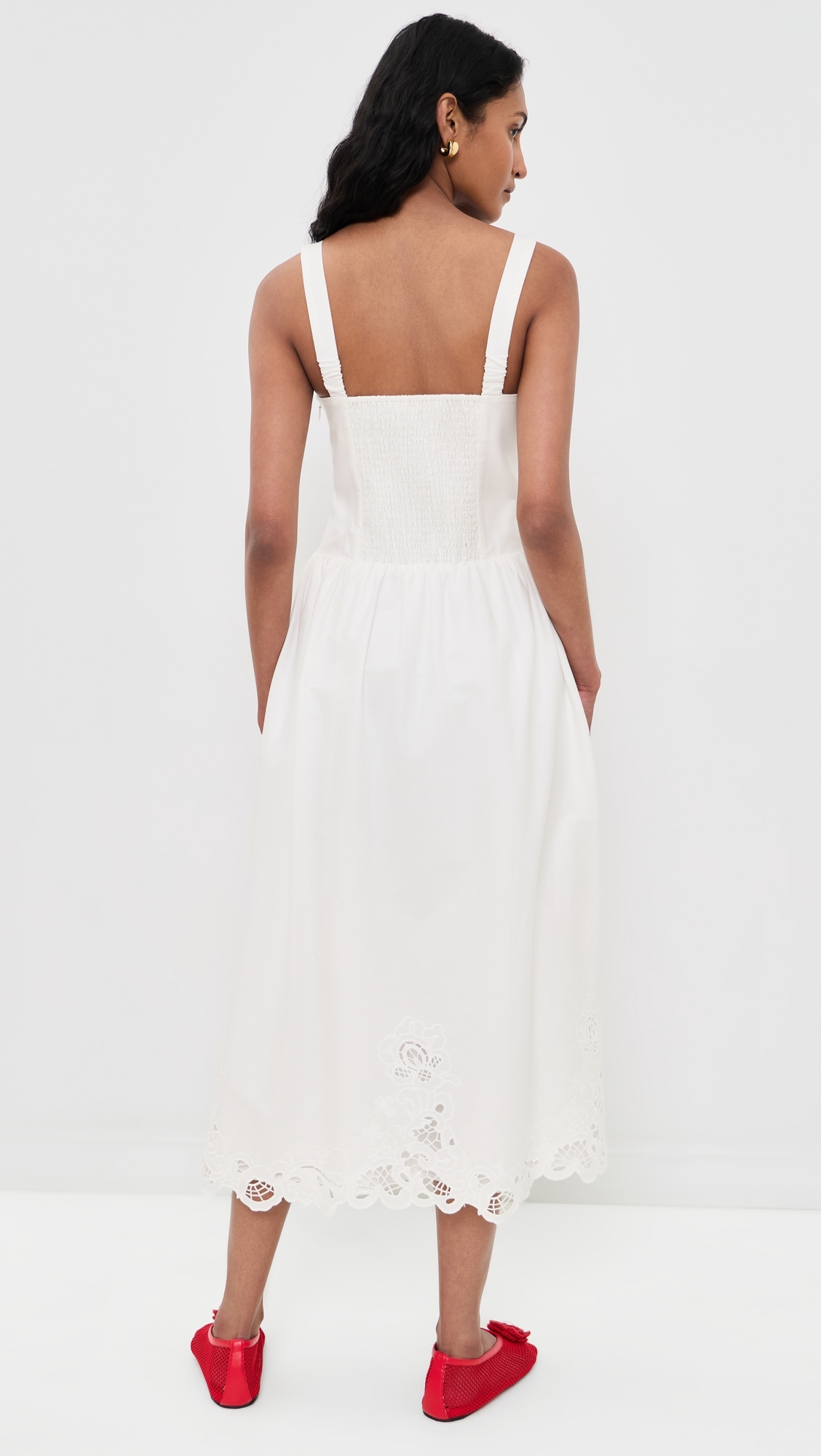 white midi dress with tie straps Buttoned Linen Dress With Tie Straps & Ruffled Hem XS / White
