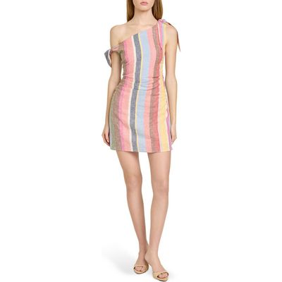 WAYF WAYF x Hannah Lovey Porter Bahia Stripe One-Shoulder Linen Blend Minidress (Nordstrom Exclusive)