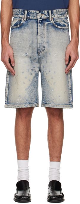 We11done We11done Blue Embroidery Washed Denim Shorts