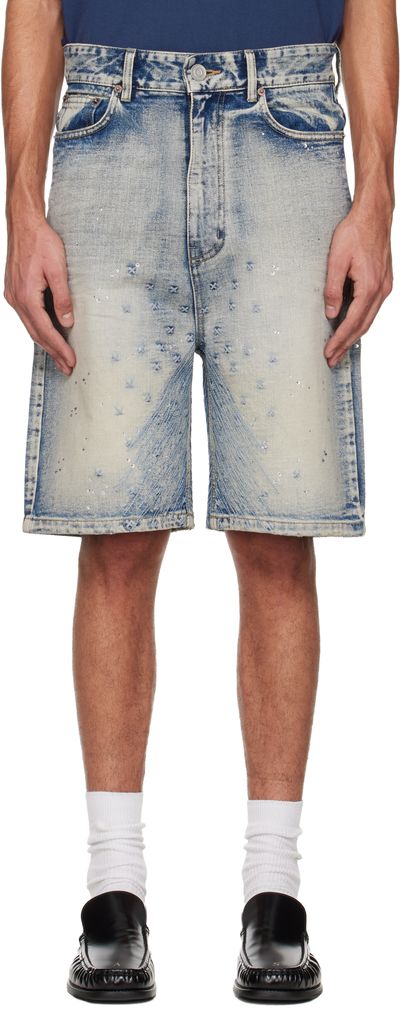We11done We11done Blue Embroidery Washed Denim Shorts