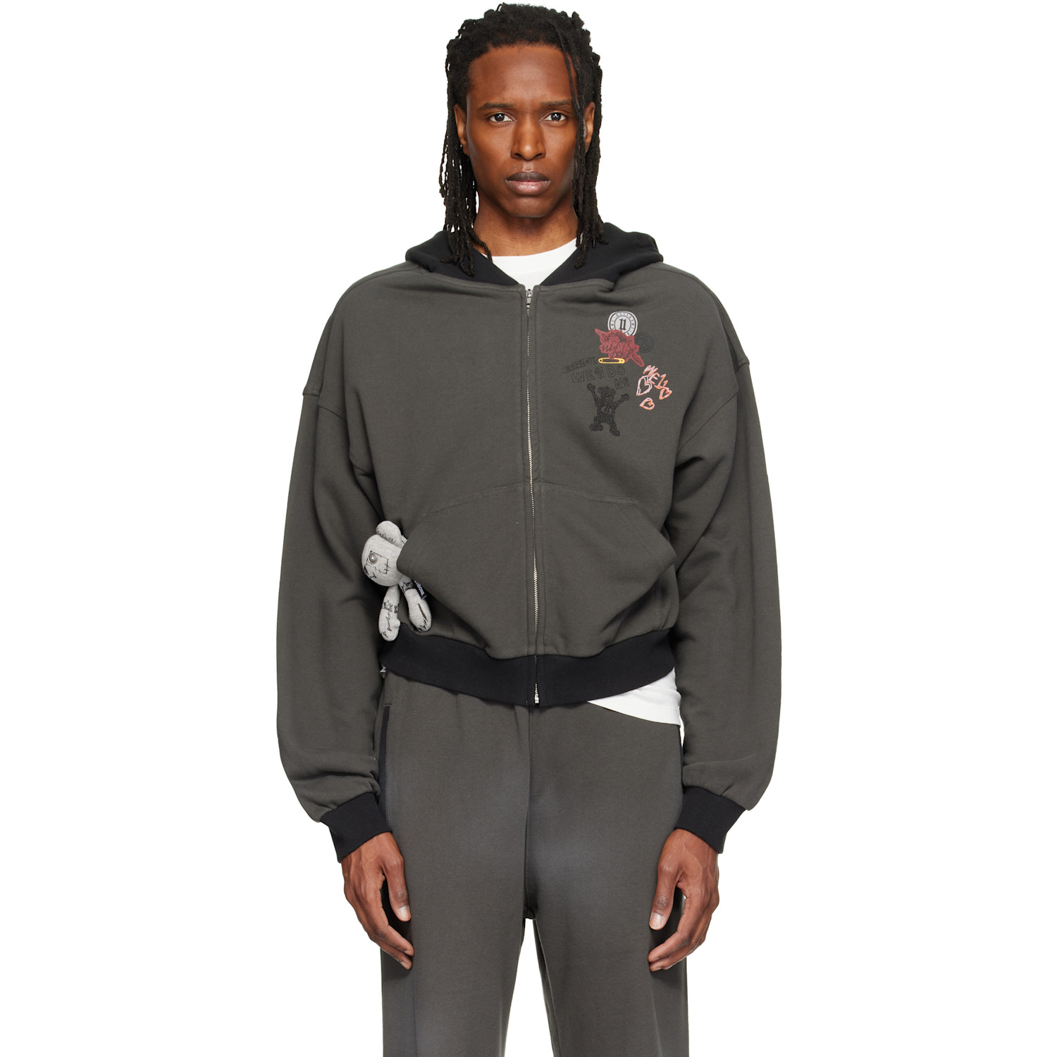 We11done - Gray Washed Doodle Teddy Zip-Up Hoodie