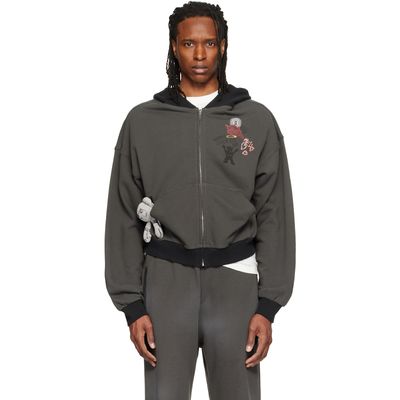 We11done We11done Gray Washed Doodle Teddy Zip-Up Hoodie
