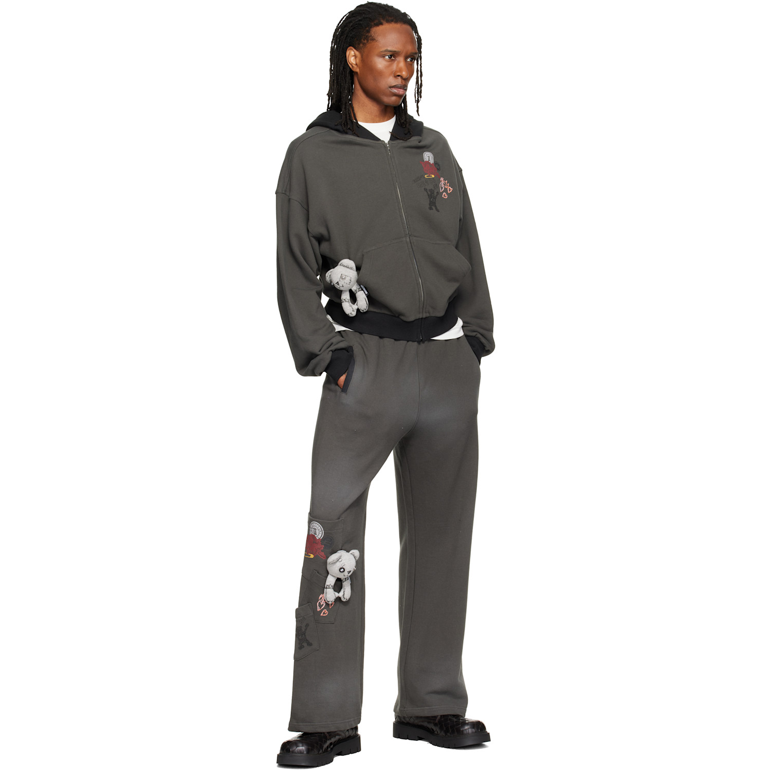 We11done - Gray Washed Doodle Teddy Zip-Up Hoodie